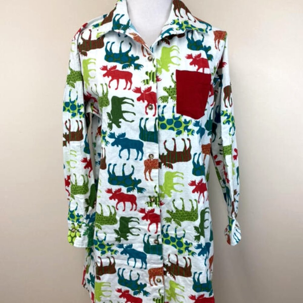 Lazy One S M Flannel Moose Nightgown Sleepshirt Button Front White Red Green